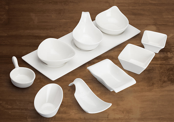 Winco WDP021-109, 13-3/4"L x 5"W Mescalore Porcelain Trio Tray, Bright White, 24 pcs/case