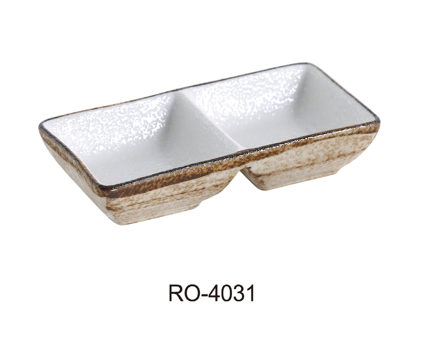 Yanco RO-4031 ROCKEYE 5 1/2" x 3" Rectangular Double Divided Sauce Dish, 2 Oz Each, China, White & Brown, Pack of 36