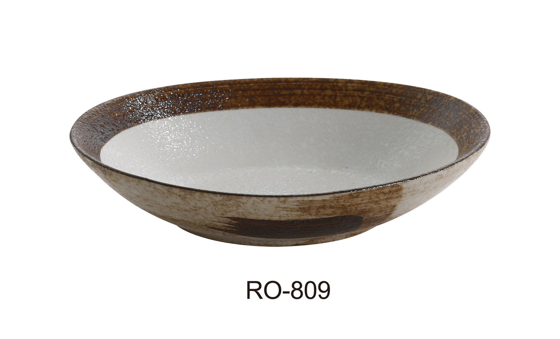 Yanco RO-809 ROCKEYE 9" x 6 1/4" x 2" Oval Bowl, 20 Oz, China, White & Brown, Pack of 24